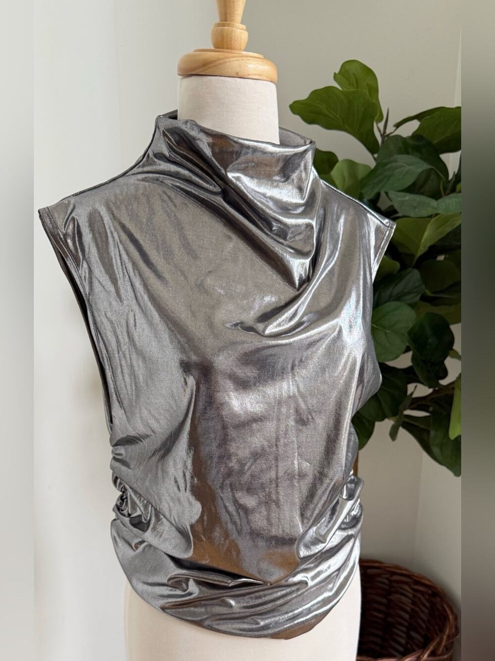 Anthropologie Metallic Silver Draped Sleeveless Tank